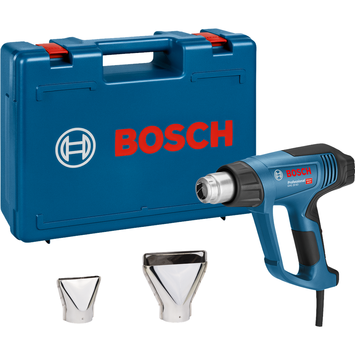BOSCH PRO GHG 20-63 + 2x BICOS + MALA Pistola de ar quente Pistola de ar quente Bosch Professional azul com duas bocas metálicas e estojo plástico azul com logo BOSCH