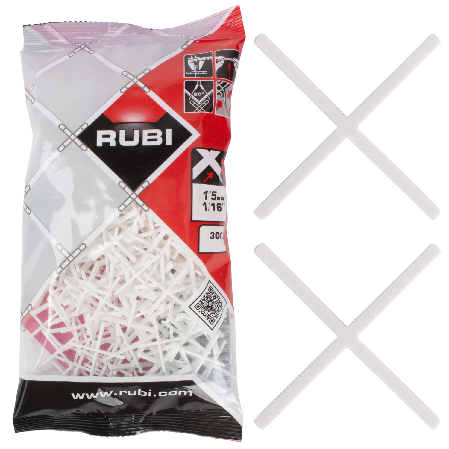 RUBI 1,5 mm. (B-300 u.) Cruzetas para juntas Pacote de espaçadores para azulejos brancos RUBI em embalagem vermelha e preta
