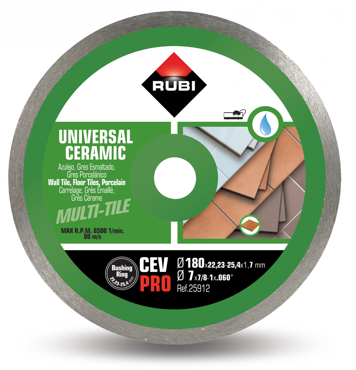 RUBI CONTINUO CEV-180 PRO Disco diamante geral cerâmica Disco de corte RUBI para cerâmica universal com aro metálico e etiqueta verde