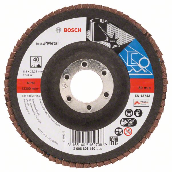 BOSCH Disco de Lamelas X571 Best for metal Disco de lixa abrasiva Bosch para metal com etiqueta colorida e informações técnicas