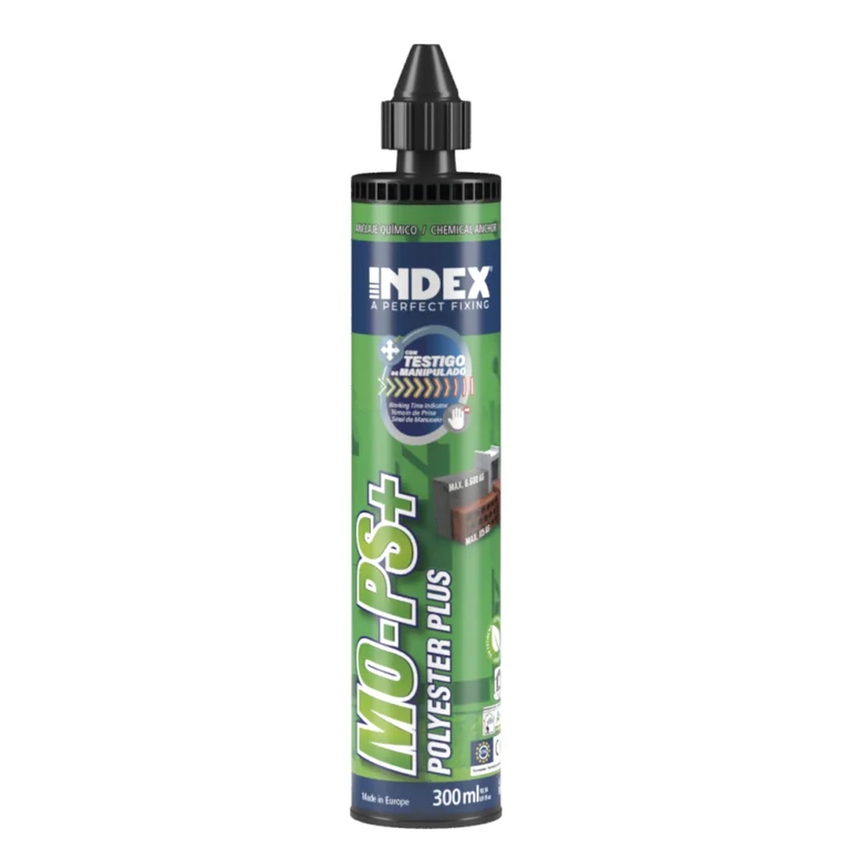 INDEX MO-PS+ Bucha química de poliéster sem estireno 300ml Embalagem cilíndrica verde de produto químico INDEX MO-PS+ Polyester Plus