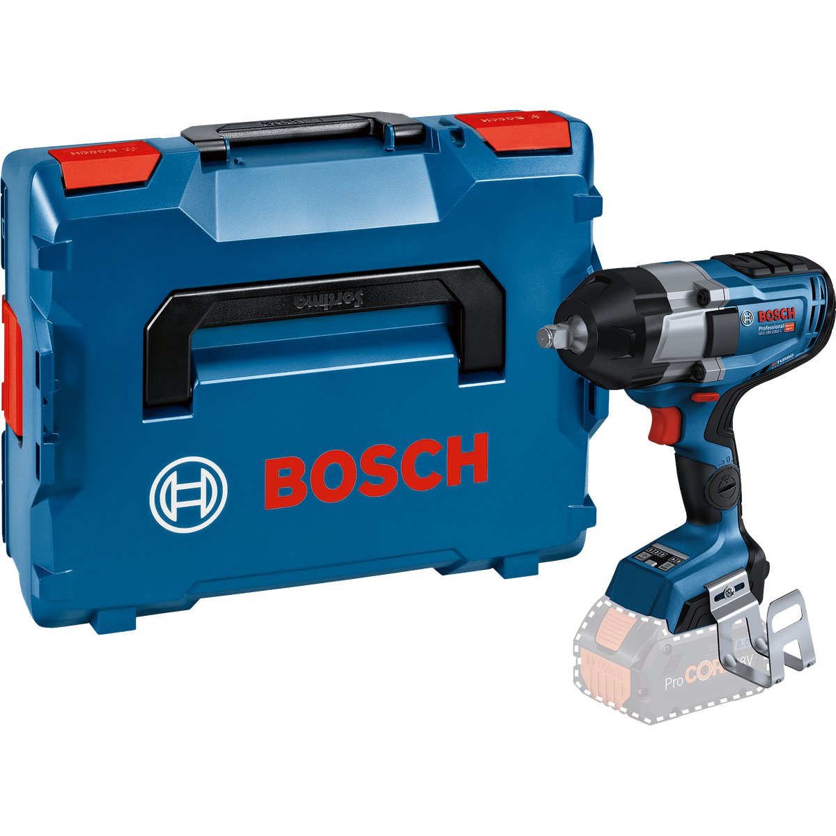 BOSCH GDS 18V-1000 C + L-BOXX Chave de impacto Parafusadora de impacto Bosch azul e preta com mala de transporte azul.