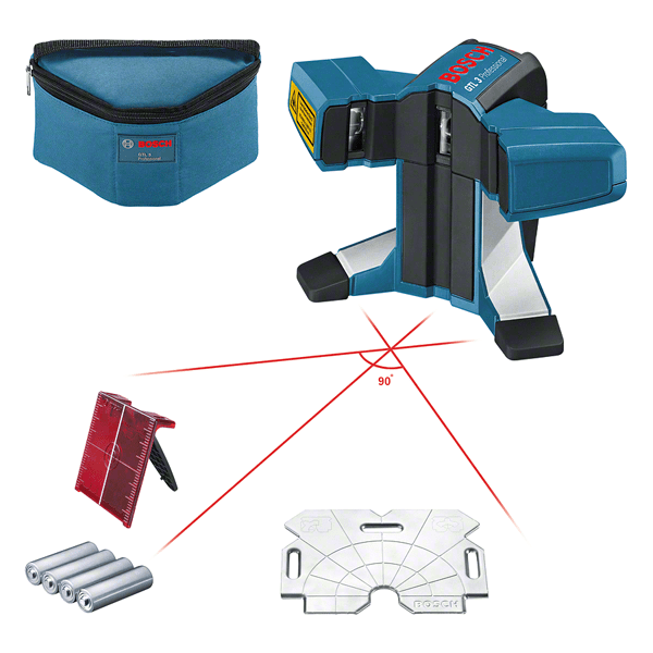 BOSCH GTL 3 Nível laser para ladrilhos Bússola laser Bosch azul e preta com linhas laser vermelhas e acessórios
