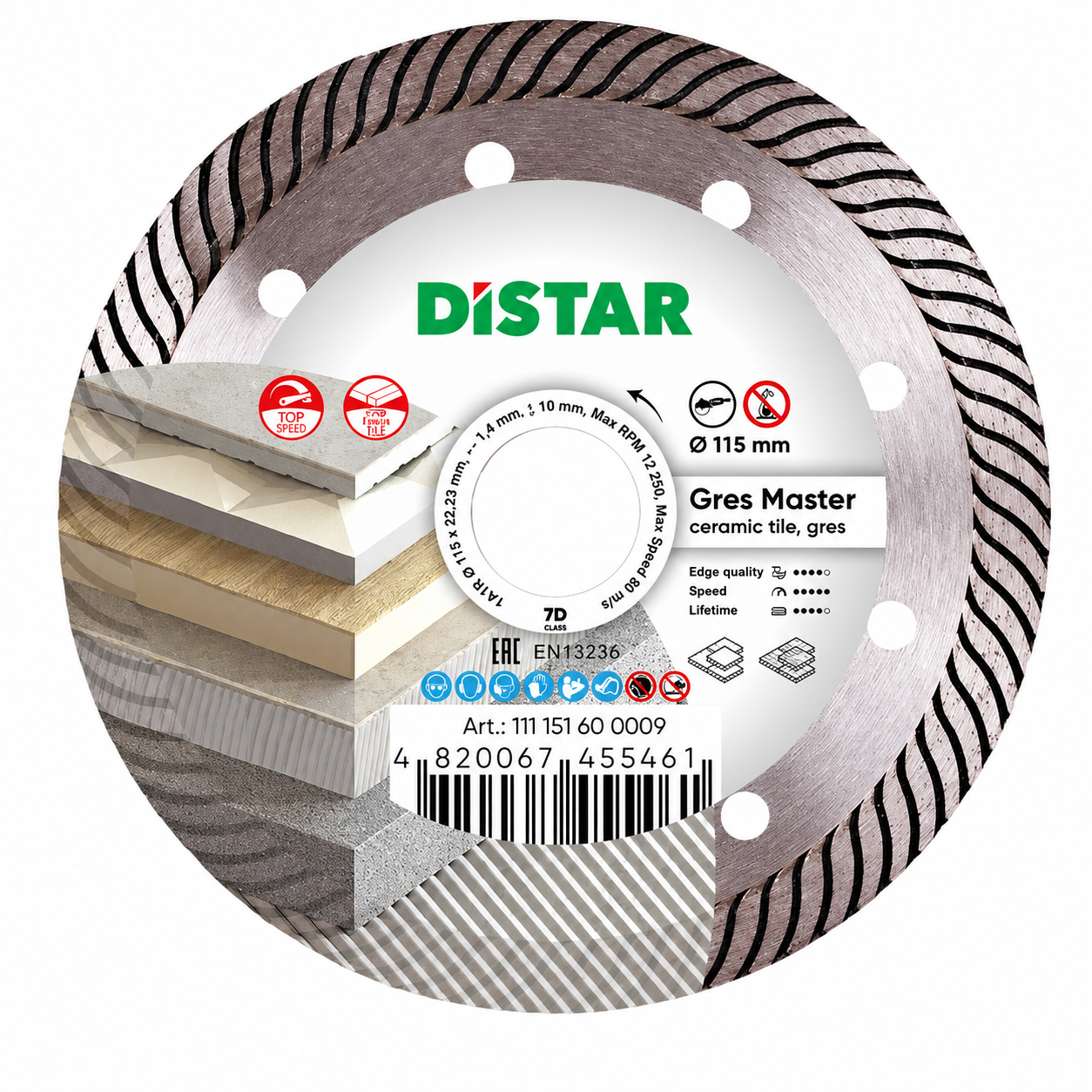 DISTAR 1A1R GRES MASTER Disco diamante Ø115/125mm Disco de corte para cerâmica e gres da marca DISTAR com detalhes técnicos e gráficos