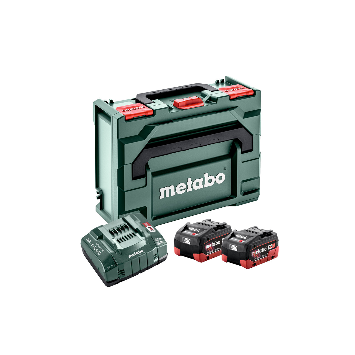 METABO 2X LIHD 10 AH + ASC 145 + METABOX Conjunto básico Mala de transporte Metabo verde com carregador e duas baterias LiHD
