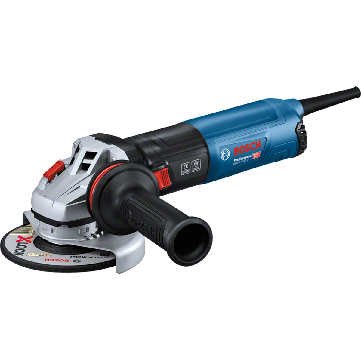 BOSCH PRO GWS 14-125 S Rebarbadora Esmerilhadora angular Bosch Professional azul e preta com punho lateral preto e disco de corte