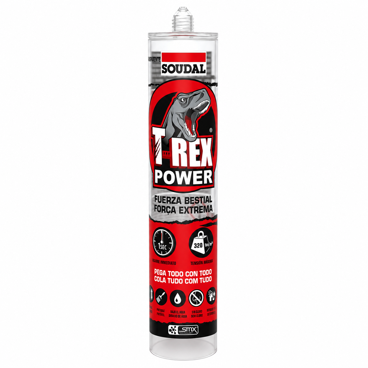 SOUDAL T-REX POWER CLEAR Cola e veda 290ml Cola adesiva SOUDAL T-REX POWER com design vermelho preto branco e texto em espanhol e português
