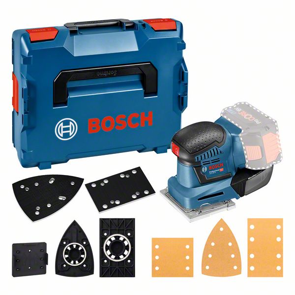BOSCH GSS 18V-10 Lixadeira vibratória sem fio Conjunto de lixadora Bosch com acessórios e caixa azul