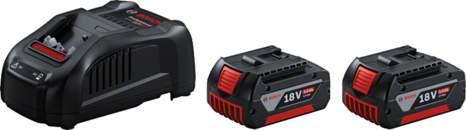BOSCH Conjunto de 2 Baterias GBA 18V 5.0AH + 1 Carregador GAL 1880 CV Carregador Bosch preto com duas baterias 18V 5.0Ah, fundo branco