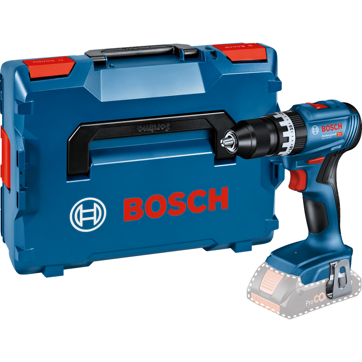 BOSCH PRO GSB 18V-45 + L-BOXX Aparafusadora com percursão Furadeira/parafusadora sem fio Bosch Professional azul com caixa de armazenamento azul e detalhes vermelhos.