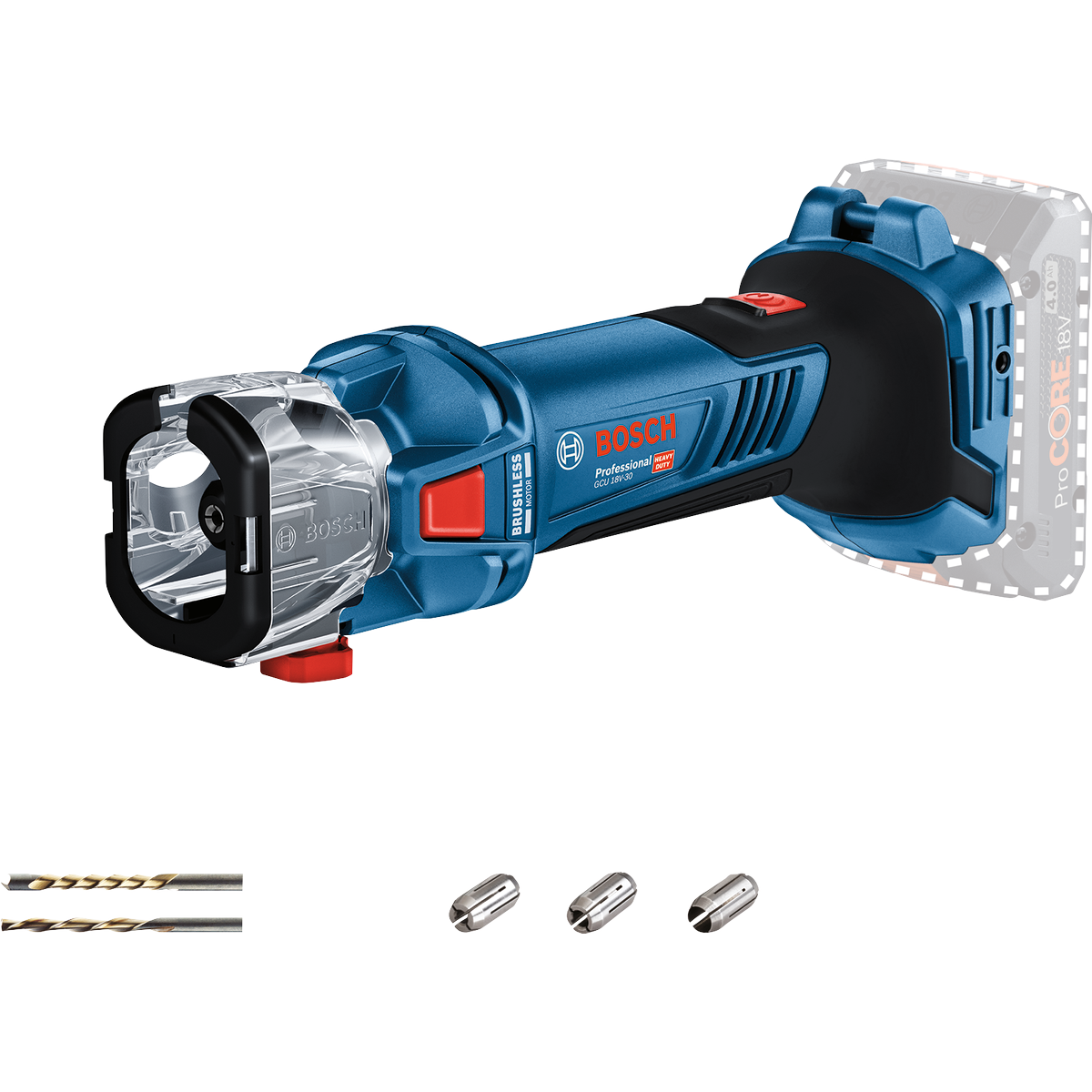 BOSCH PRO GCU 18V-30 Tupia para pladur Ferramenta elétrica Bosch Professional azul e preta com acessórios metálicos