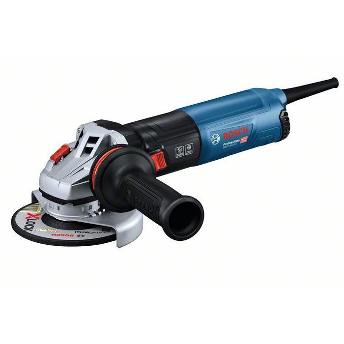 BOSCH GWS 14-125 S Rebarbadora Esmerilhadora angular Bosch Professional azul e preta com disco de corte e empunhadura lateral