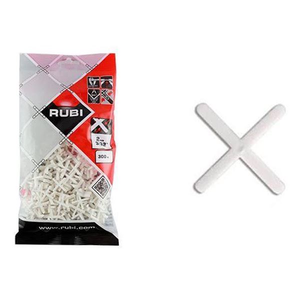 RUBI 2 mm. (B-300 u.) Cruzetas para juntas Embalagem de espaçadores para azulejos RUBI e um espaçador individual branco em forma de cruz