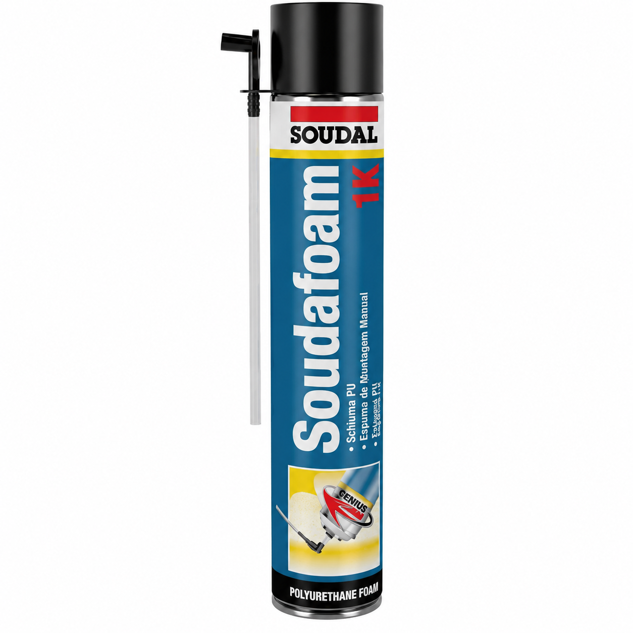 SOUDAL SOUDAFOAM 1K Espuma de poliuretano manual 750ml Frasco de espuma de poliuretano SOUDAFOAM 1K azul com tampa preta e tubo aplicador