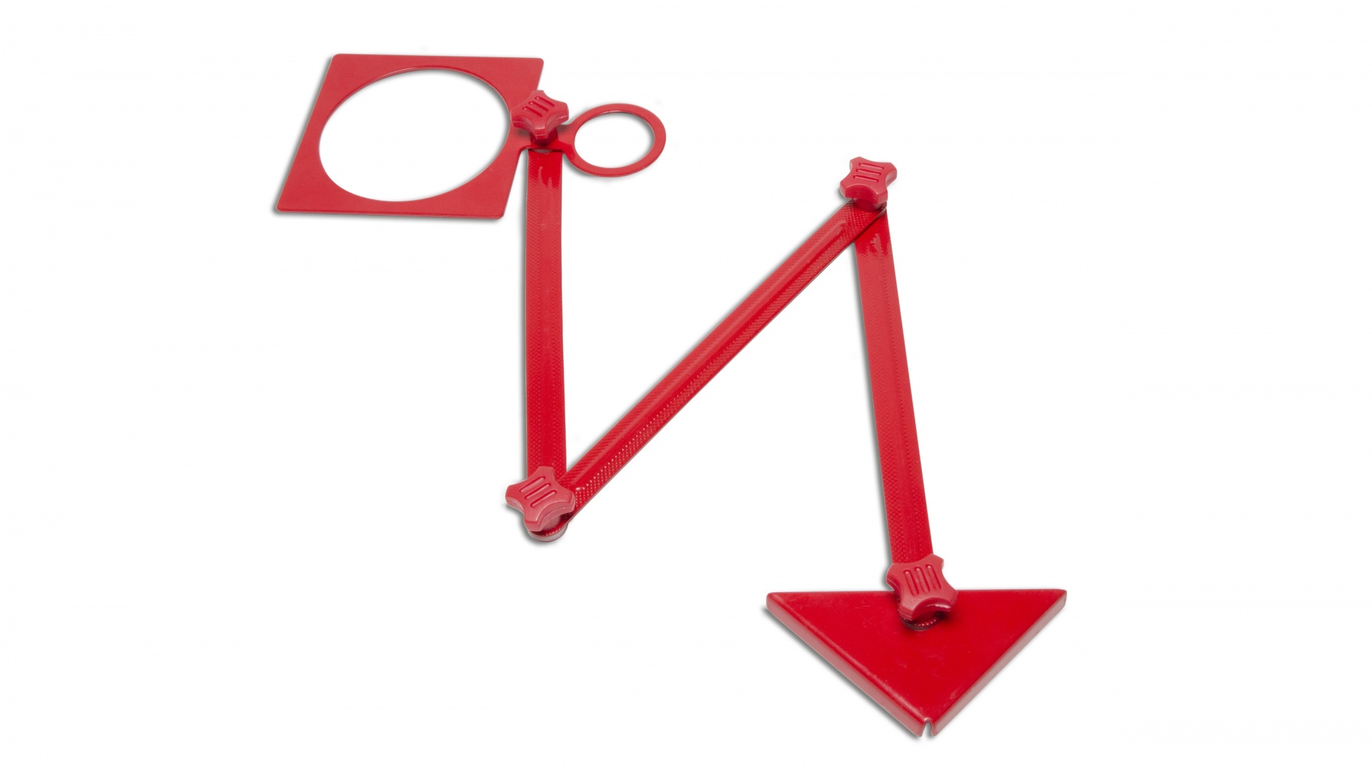 RUBI Marcador de buracos XL Objeto vermelho em forma de seta com articulações e argola sobre fundo branco