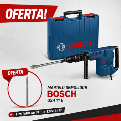 Martelo demolidor Bosch GSH 11 E com mala azul e texto de oferta