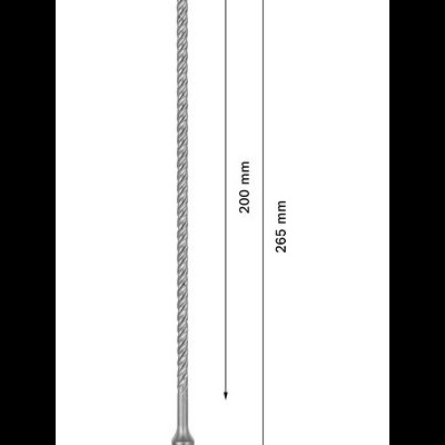 Broca metálica longa prateada com ponta azul e medidas visíveis.