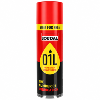 Frasco spray de óleo lubrificante SOUDAL com rótulo vermelho, amarelo e preto