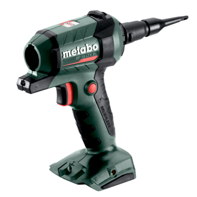 Aparafusadora sem fios Metabo verde escuro e preta com detalhes vermelhos, modelo BP 18 LTX BL
