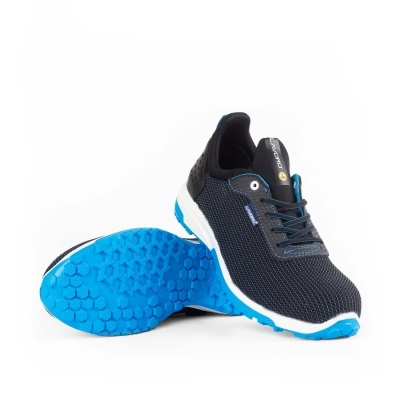 Sapatilhas desportivas pretas e azuis com sola azul antiderrapante