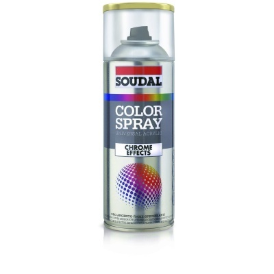 Lata de spray de tinta cromada universal acrílica da marca SOUDAL com tampa transparente