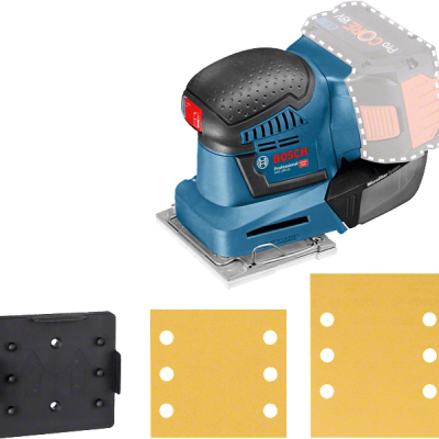 Lixadeira orbital Bosch azul e preto com lixas amarelas e base preta