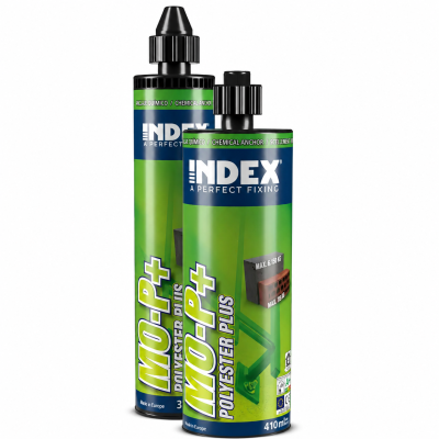 Duas embalagens do produto químico INDEX MO-P+, com cores verde e azul, tamanho 410 ml.