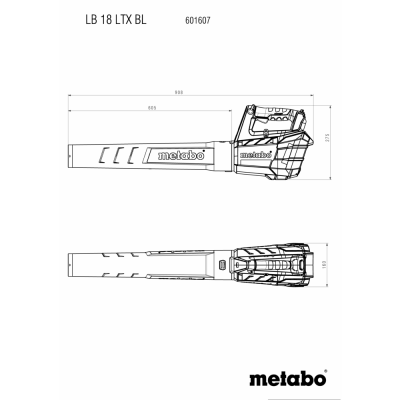 Desenho técnico de soprador de folhas Metabo com dimensões e texto explicativo.
