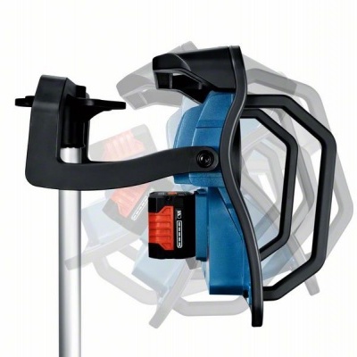 Ferramenta elétrica azul e preto com proteção plástica e bateria vermelha