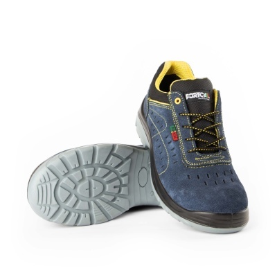 Sapatos de segurança azuis e amarelos da marca PORTICA com sola cinzenta
