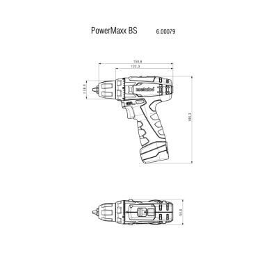 Desenho técnico a preto e branco de parafusadeira PowerMaxx BS metabo com medidas