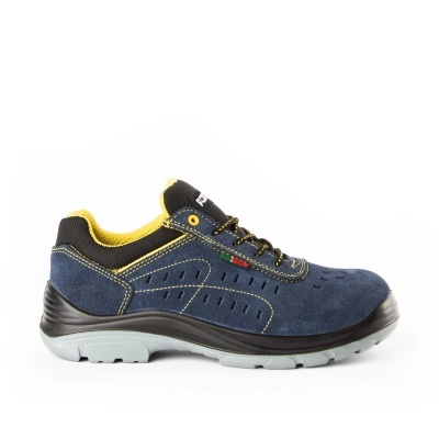 Sapato de segurança azul escuro com detalhes amarelos e preta sola cinza