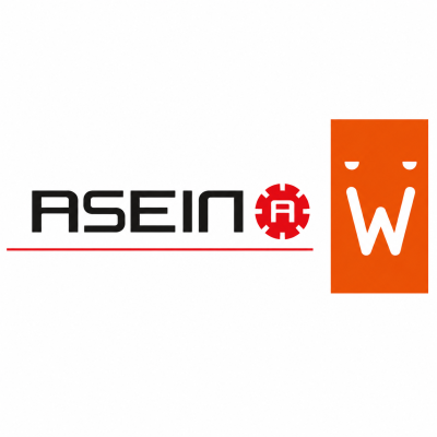 Logótipo com texto ASEIN e letras A e W em formas coloridas.