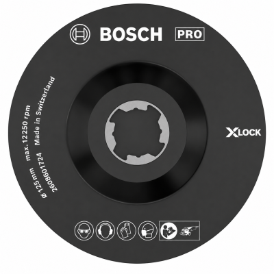 Disco abrasivo preto BOSCH PRO com texto e ícones de segurança