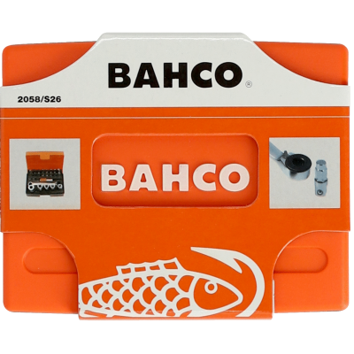 Estojo laranja e branco de ferramentas BAHCO com ilustração de peixe e imagens de bits.