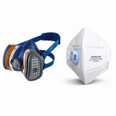 Máscara de proteção respiratória azul com filtros e máscara branca FFP2 NRD com válvula azul