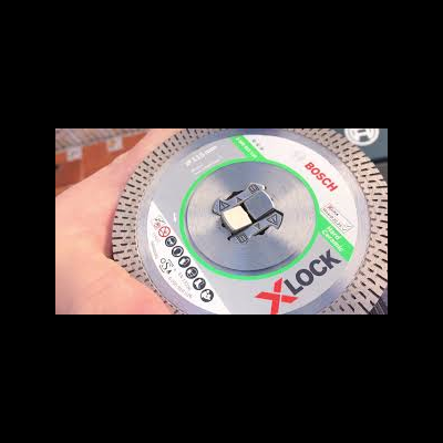 Disco de corte Bosch XLOCK para material duro com etiquetas e símbolos de segurança