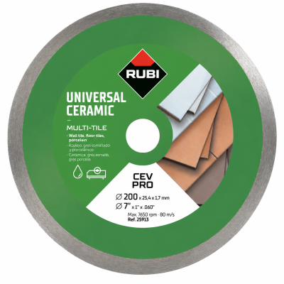 Disco de corte diamantado RUBI Universal Ceramic Multi-Tile CEV Pro com etiqueta verde e branca, e azulejos ilustrados