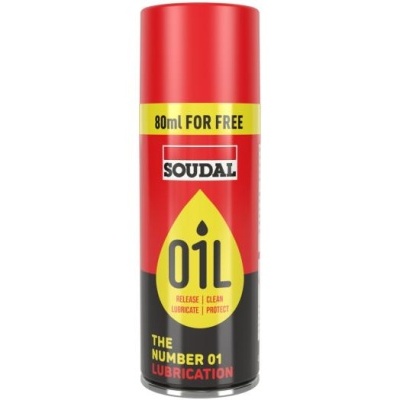 Frasco spray de óleo lubrificante Soudal com tampa vermelha.