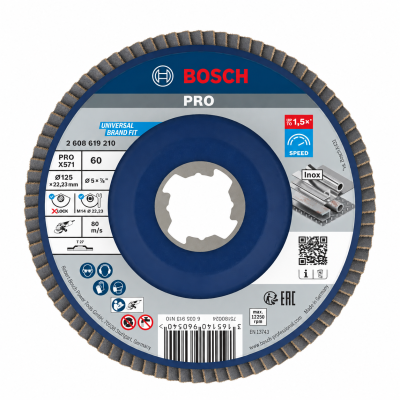 Disco de esmeril Bosch PRO azul e cinza para inox com texto e símbolos de segurança.