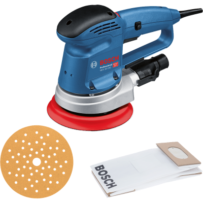 Lixadora elétrica azul Bosch com disco de lixa castanho e saco de pó branco