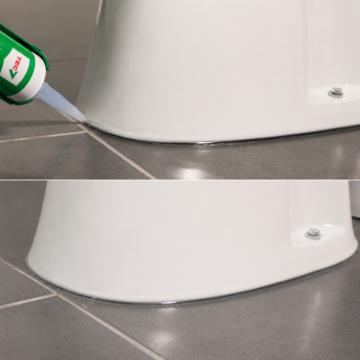 Sanita branca em chão de azulejo cinzento com aplicação de selante branco na base