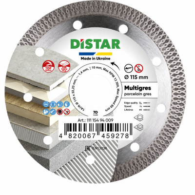 Disco de corte DIStAR para porcelanato com 115 mm, fabricado na Ucrânia, detalhes técnicos e símbolos de uso