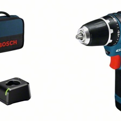 Conjunto de furadeira/parafusadora Bosch com acessório e mala em fundo branco