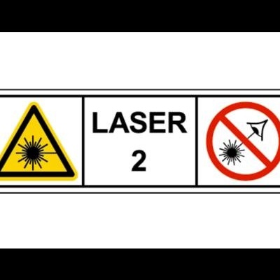 Placa de aviso Laser 2 com símbolos e texto de segurança.