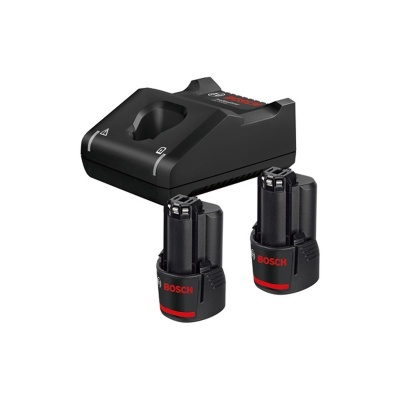 Carregador de baterias Bosch preto com duas baterias recarregáveis pretas e vermelhas