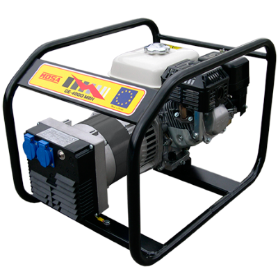 Gerador de energia portátil com estrutura metálica preta e depósito branco.