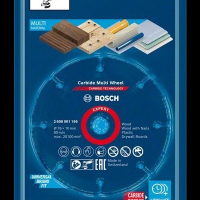 Disco de serra circular Bosch Carbide Multi Wheel azul em embalagem transparente e azul.