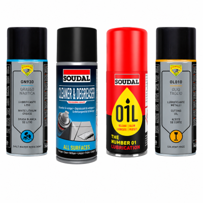 Quatro latas de spray de lubrificantes e limpadores Soudal e Eco Service