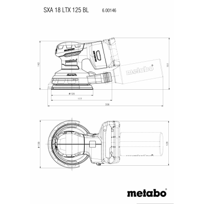 Desenho técnico de lixadora Metabo SXA 18 LTX 125 BL com dimensões